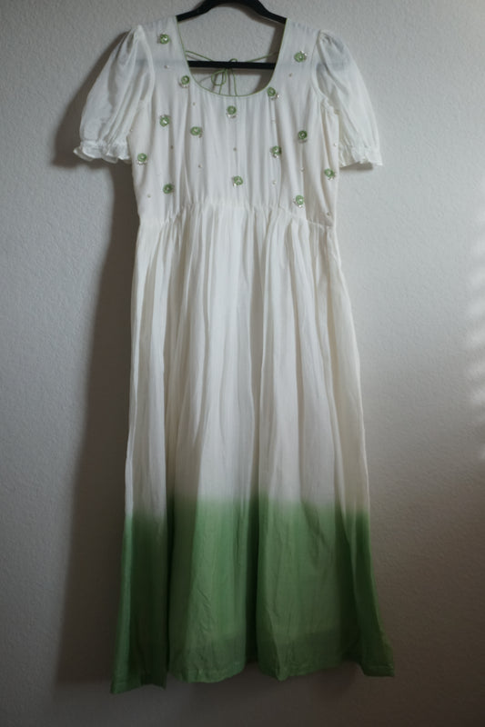 White with green dual shade maggam work midi dress