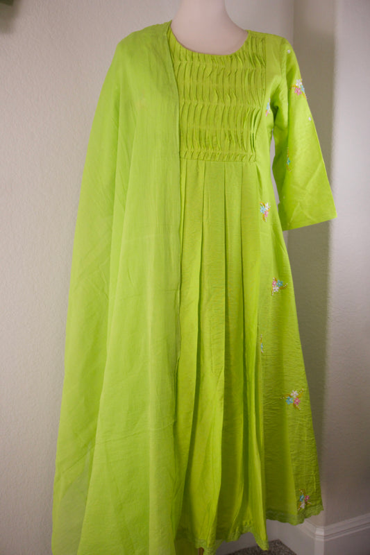 Parrot Green Mulchanderi A-line customized kurti set