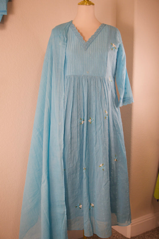 Sky blue Mulchanderi A-line customized kurti set