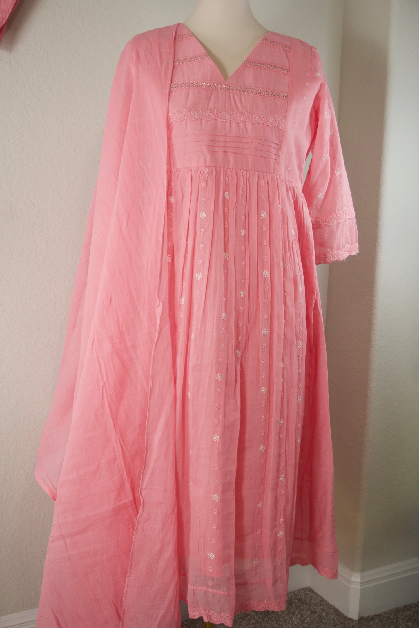 Baby Pink Mulchanderi A-line customized kurti set