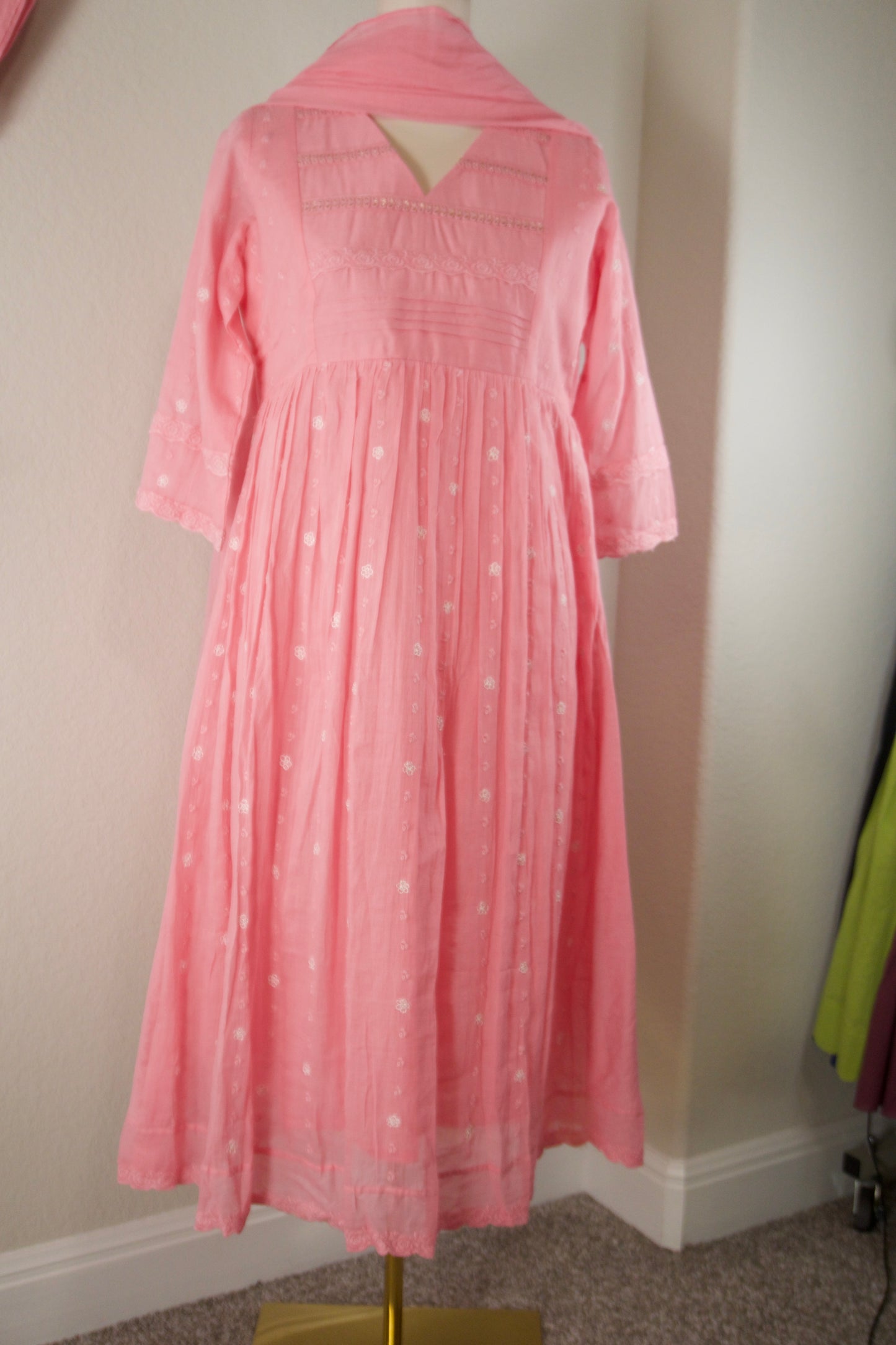 Baby Pink Mulchanderi A-line customized kurti set