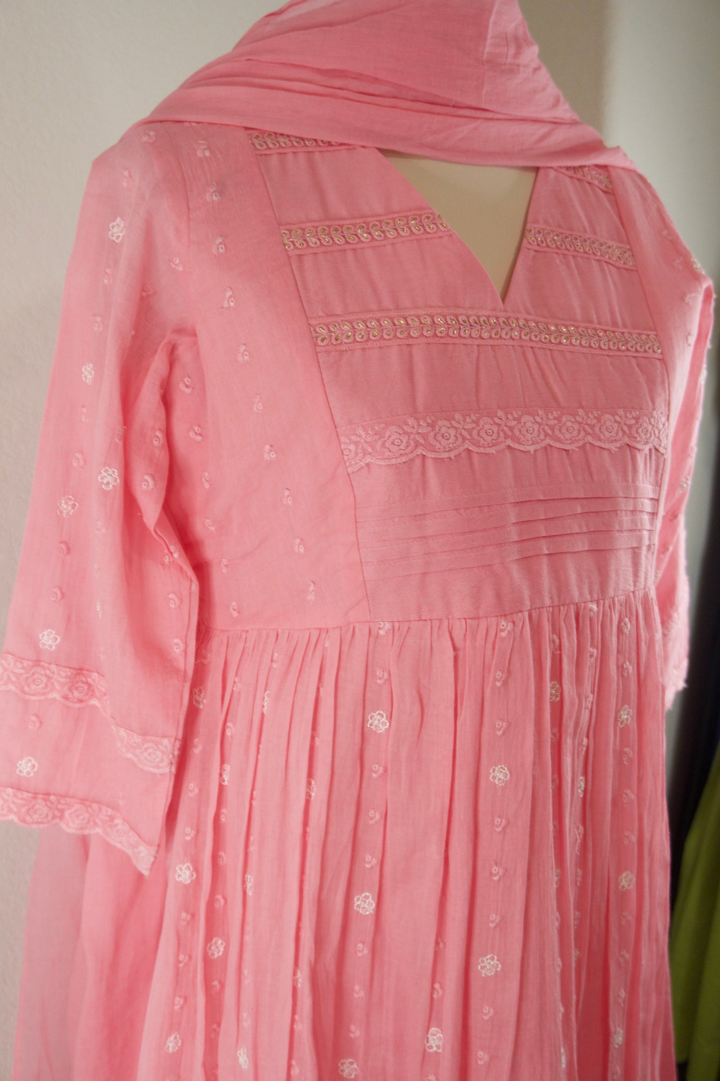 Baby Pink Mulchanderi A-line customized kurti set