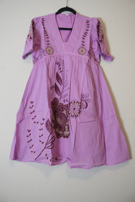Lavendar cotton embroidered one piece short dress