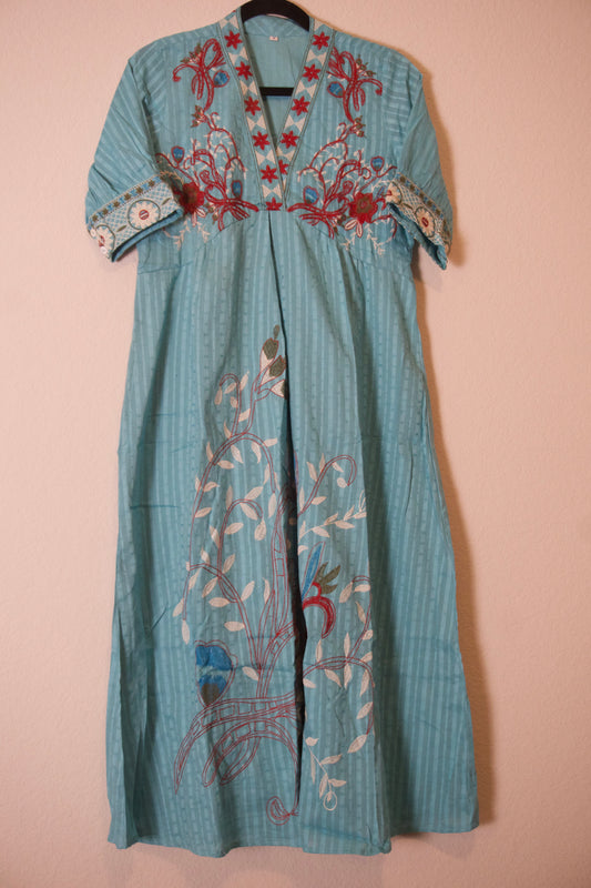 Blue cotton embroidered one piece dress