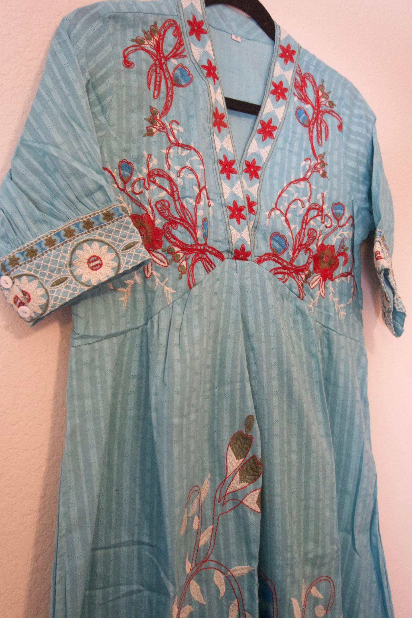 Blue cotton embroidered one piece dress