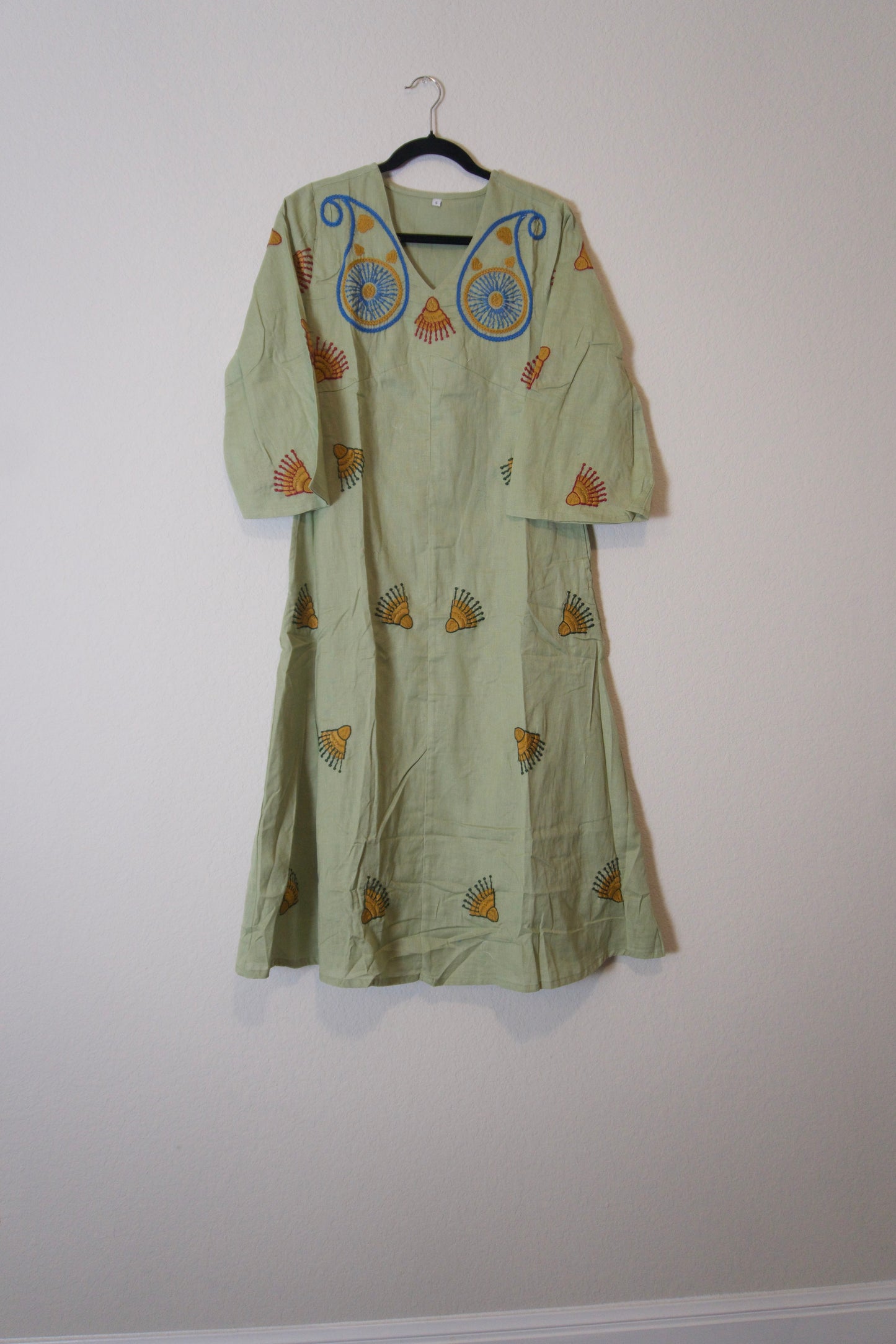 Green cotton embroidered one piece dress