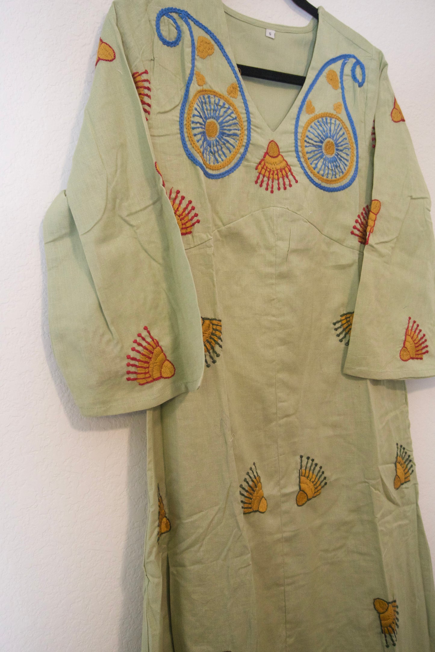 Green cotton embroidered one piece dress