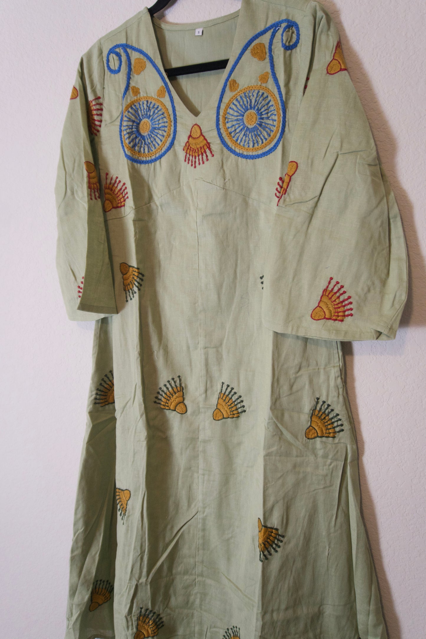 Green cotton embroidered one piece dress