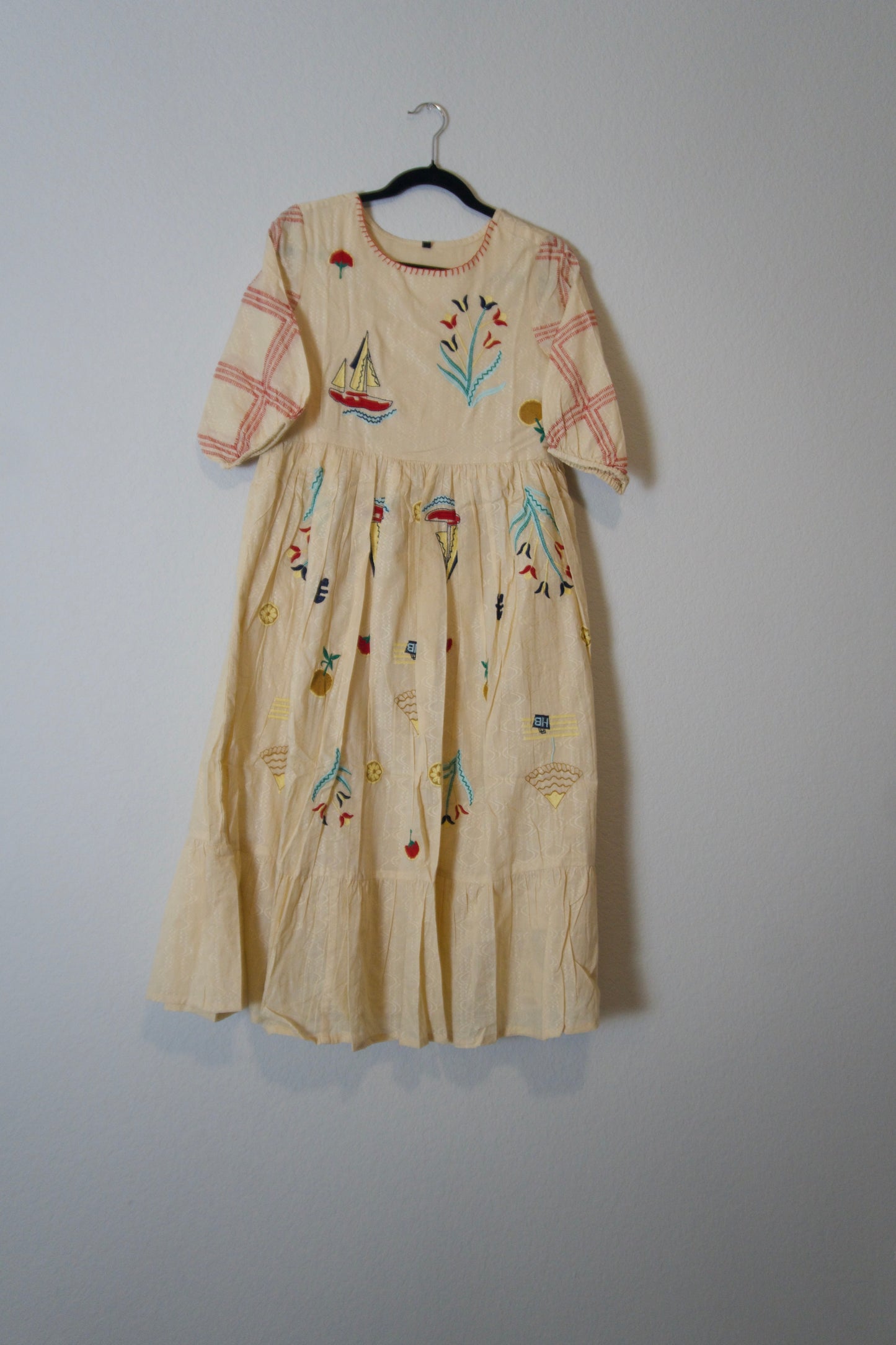 Biege cotton embroidered one piece dress