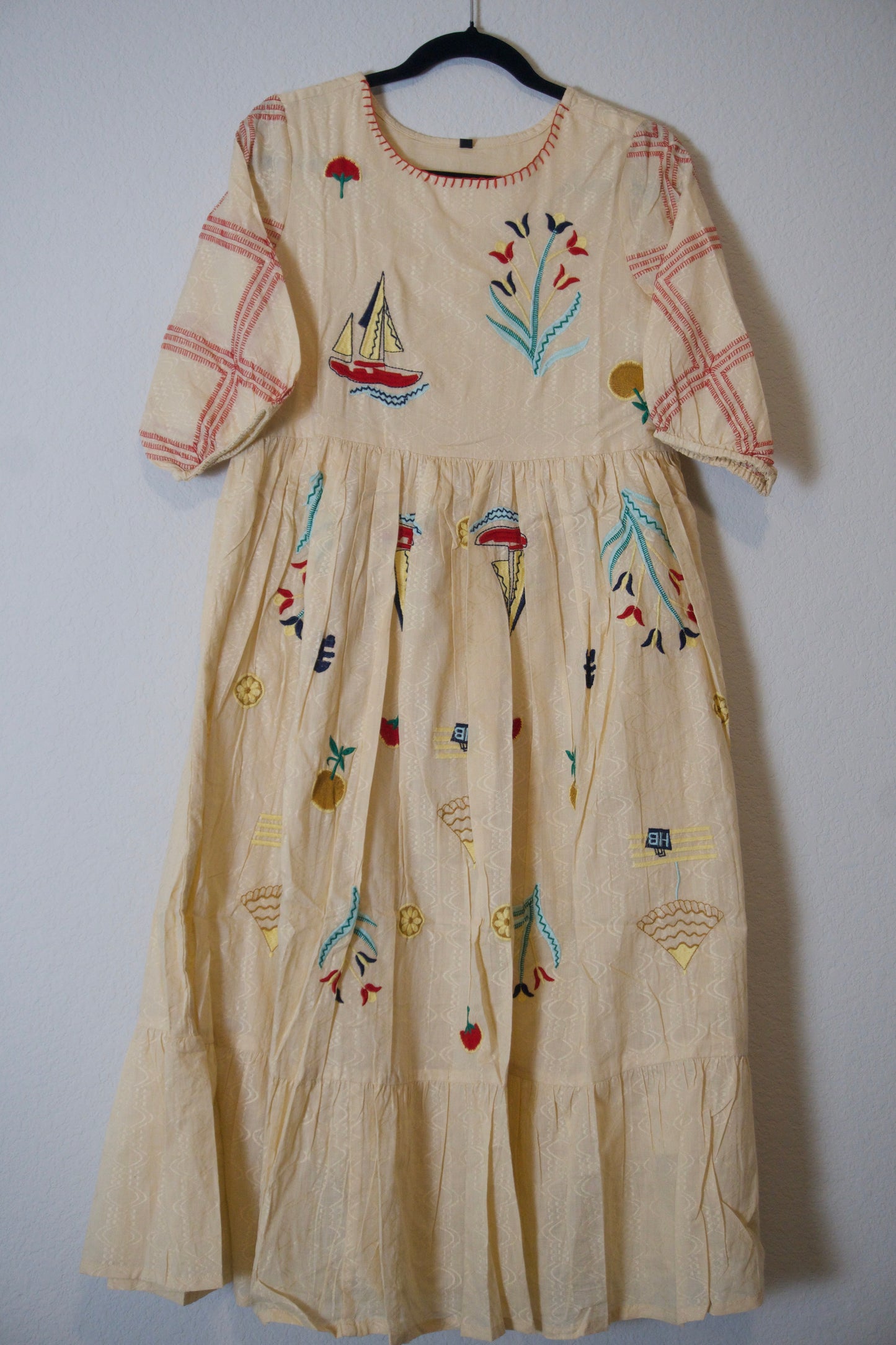 Biege cotton embroidered one piece dress