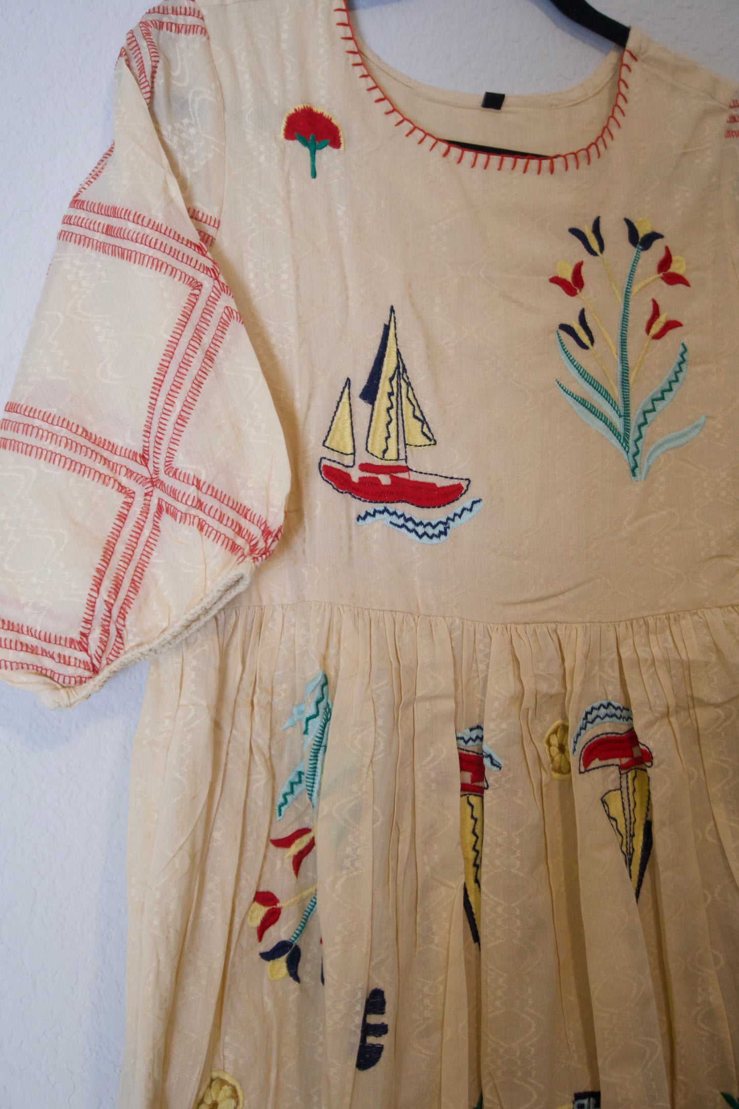 Biege cotton embroidered one piece dress