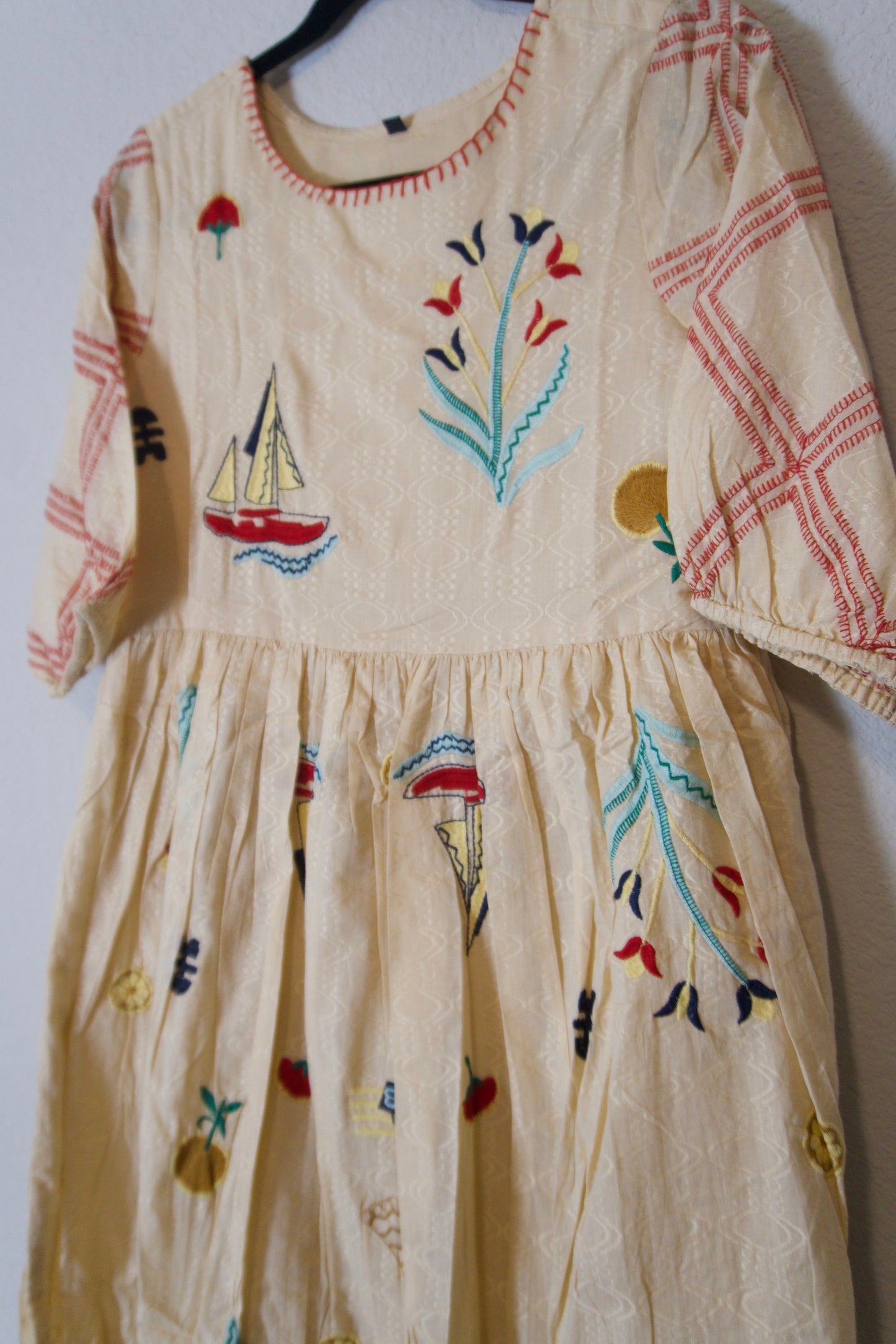 Biege cotton embroidered one piece dress