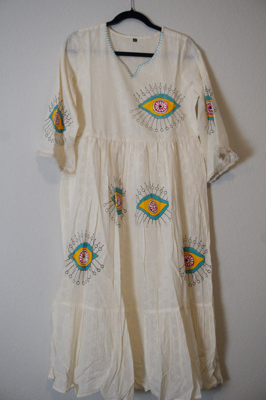 White cotton handpainted one piece dress