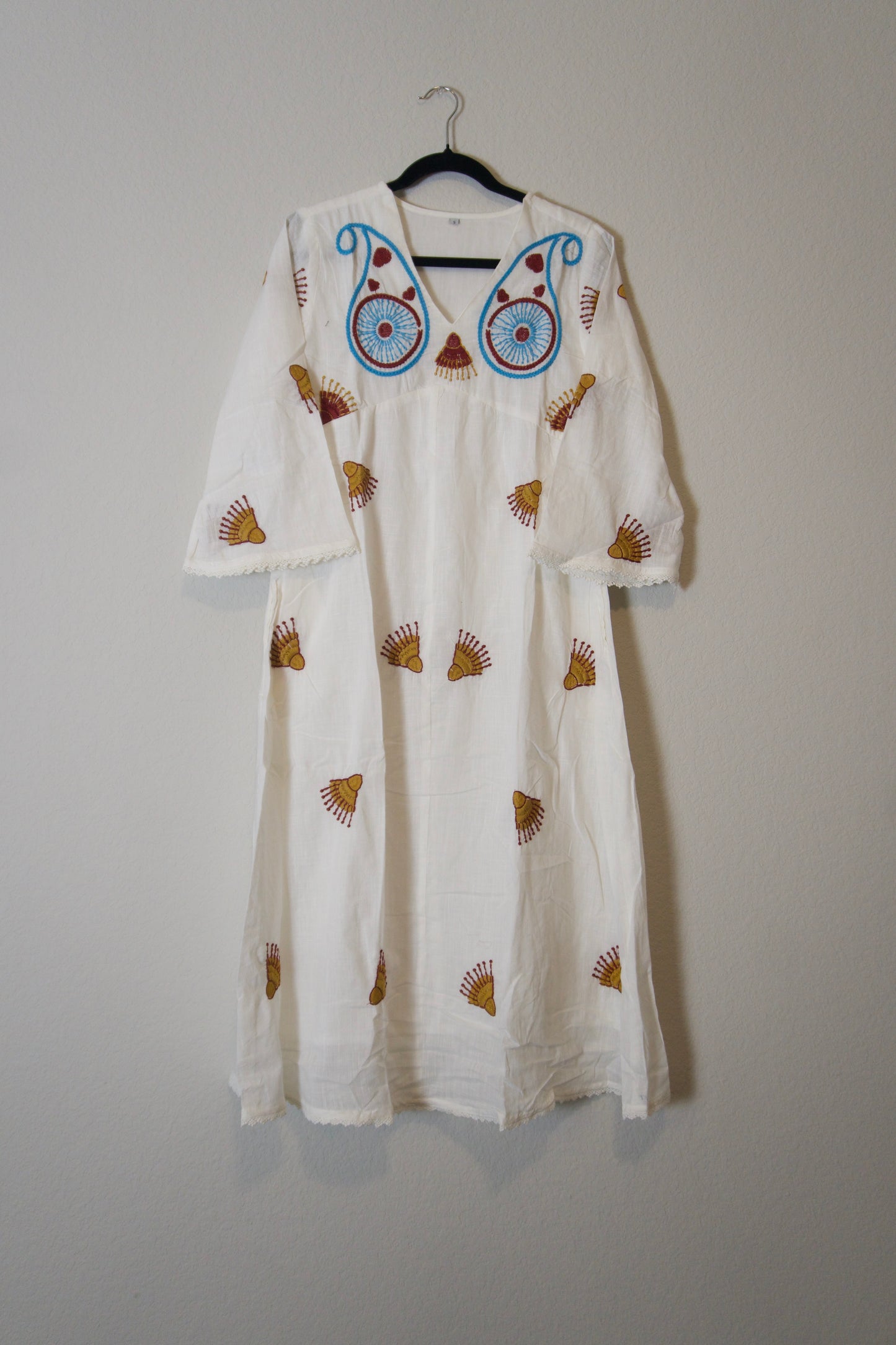 White cotton embroidered one piece dress