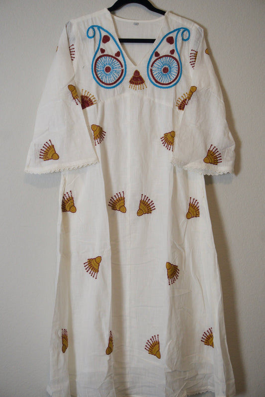 White cotton embroidered one piece dress