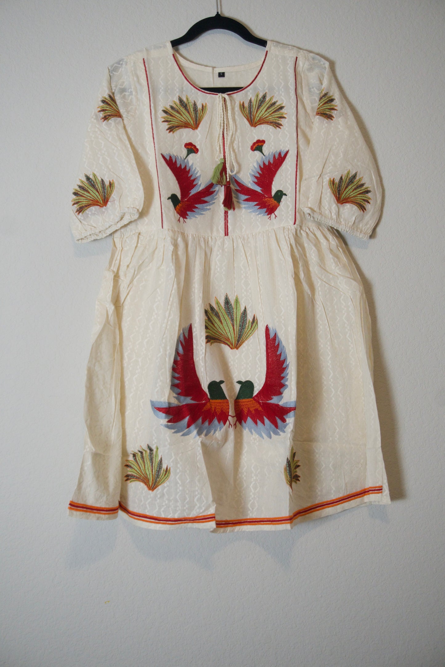 White birds pattern cotton embroidery short dress