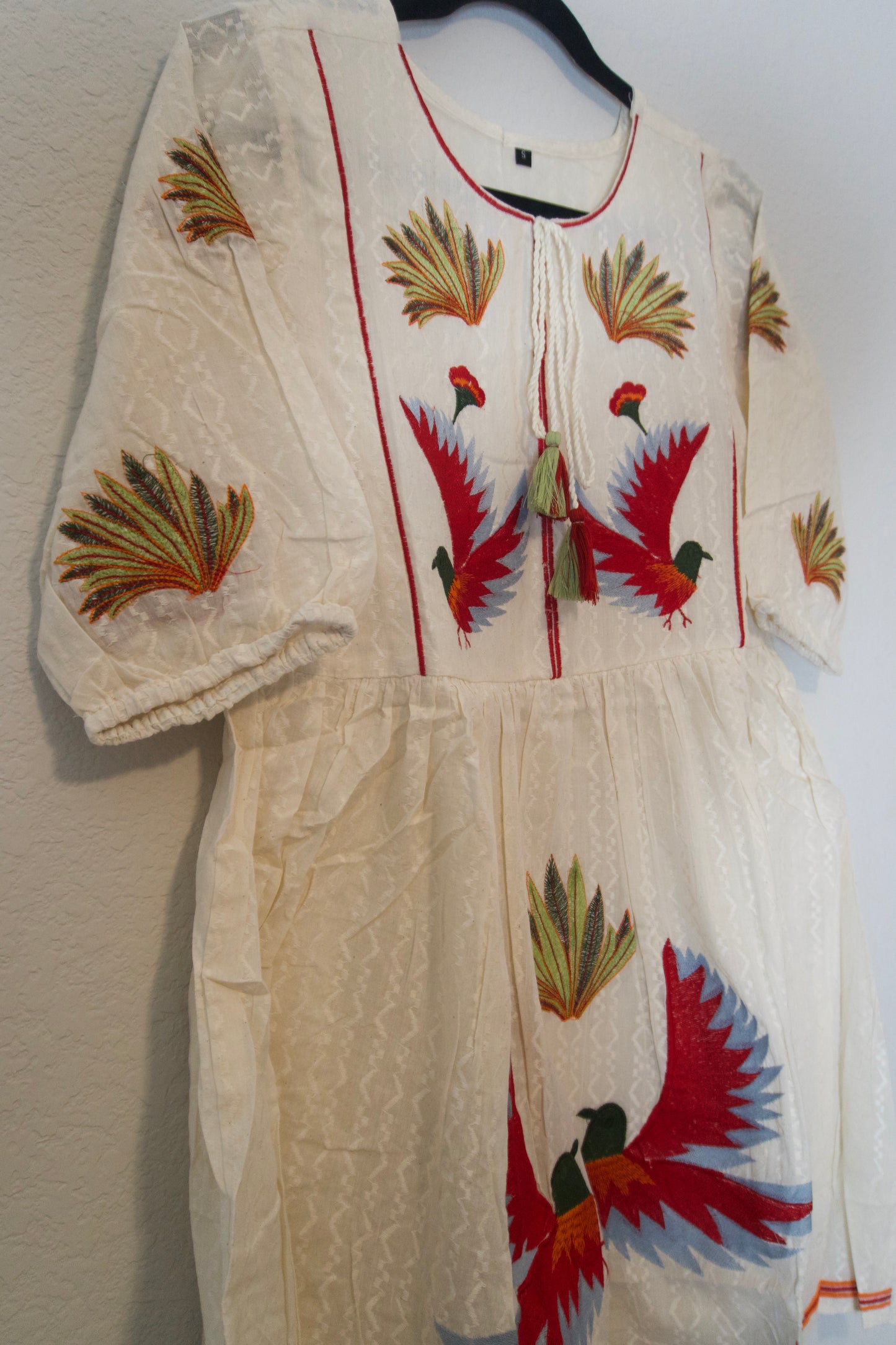 White birds pattern cotton embroidery short dress