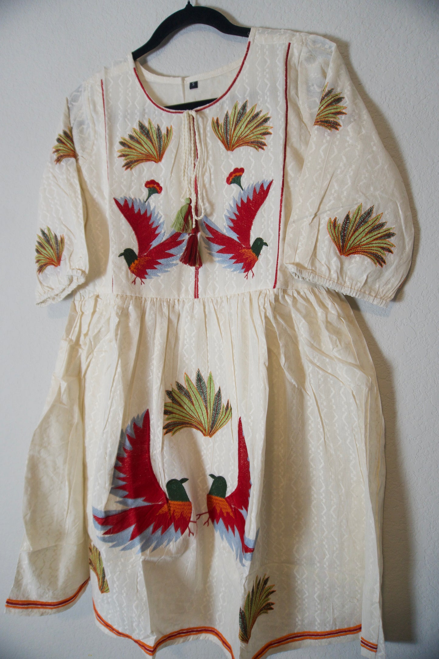 White birds pattern cotton embroidery short dress