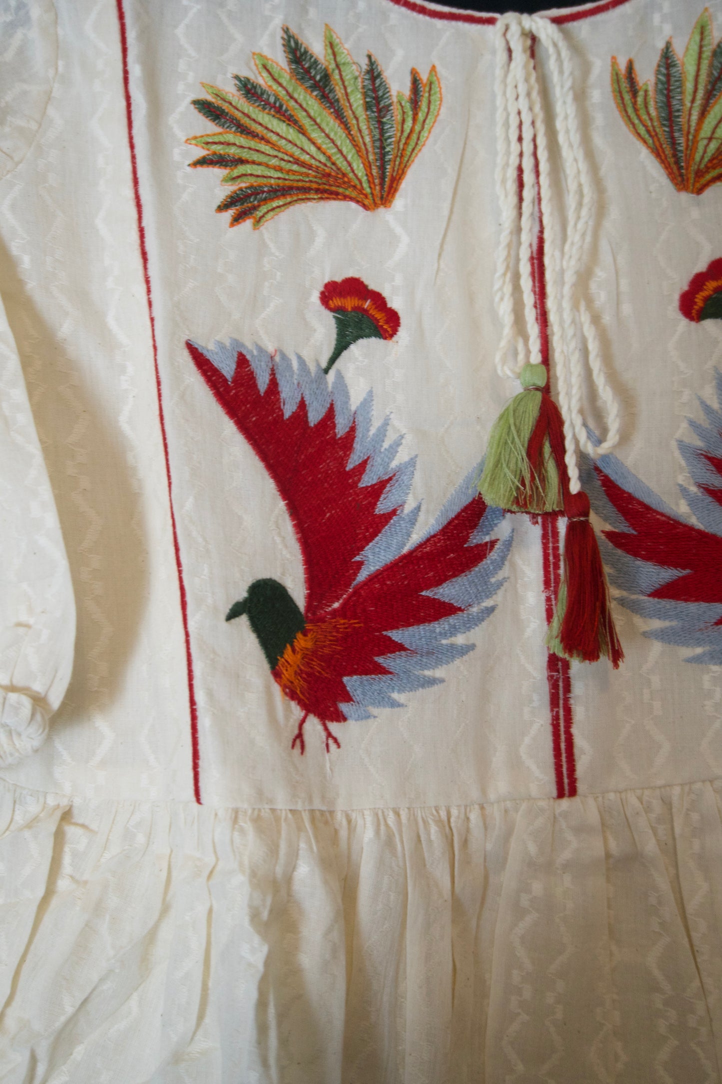 White birds pattern cotton embroidery short dress