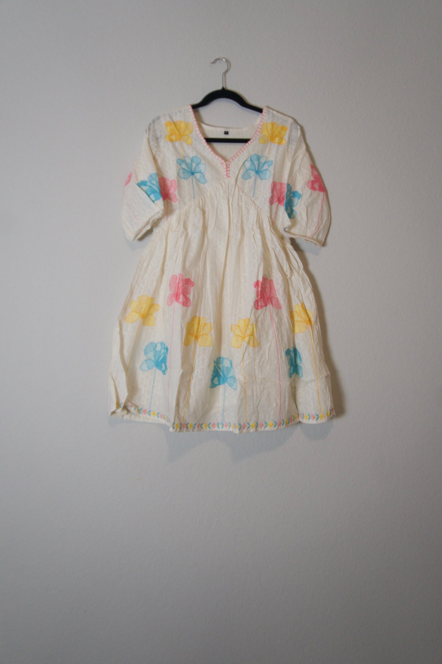 White blue yellow cotton embroidery short dress