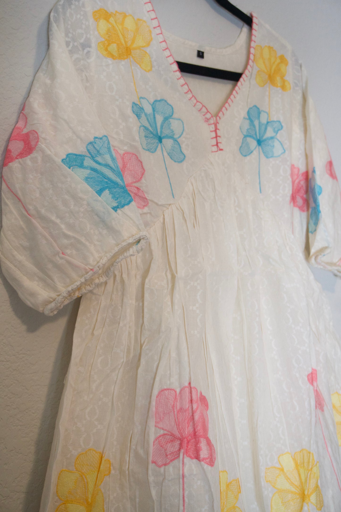 White blue yellow cotton embroidery short dress
