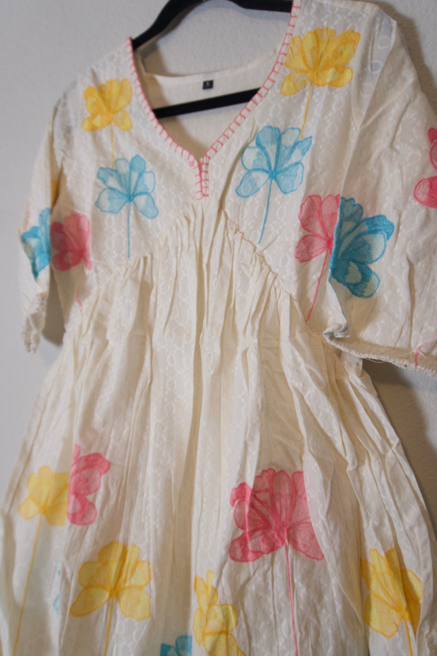 White blue yellow cotton embroidery short dress