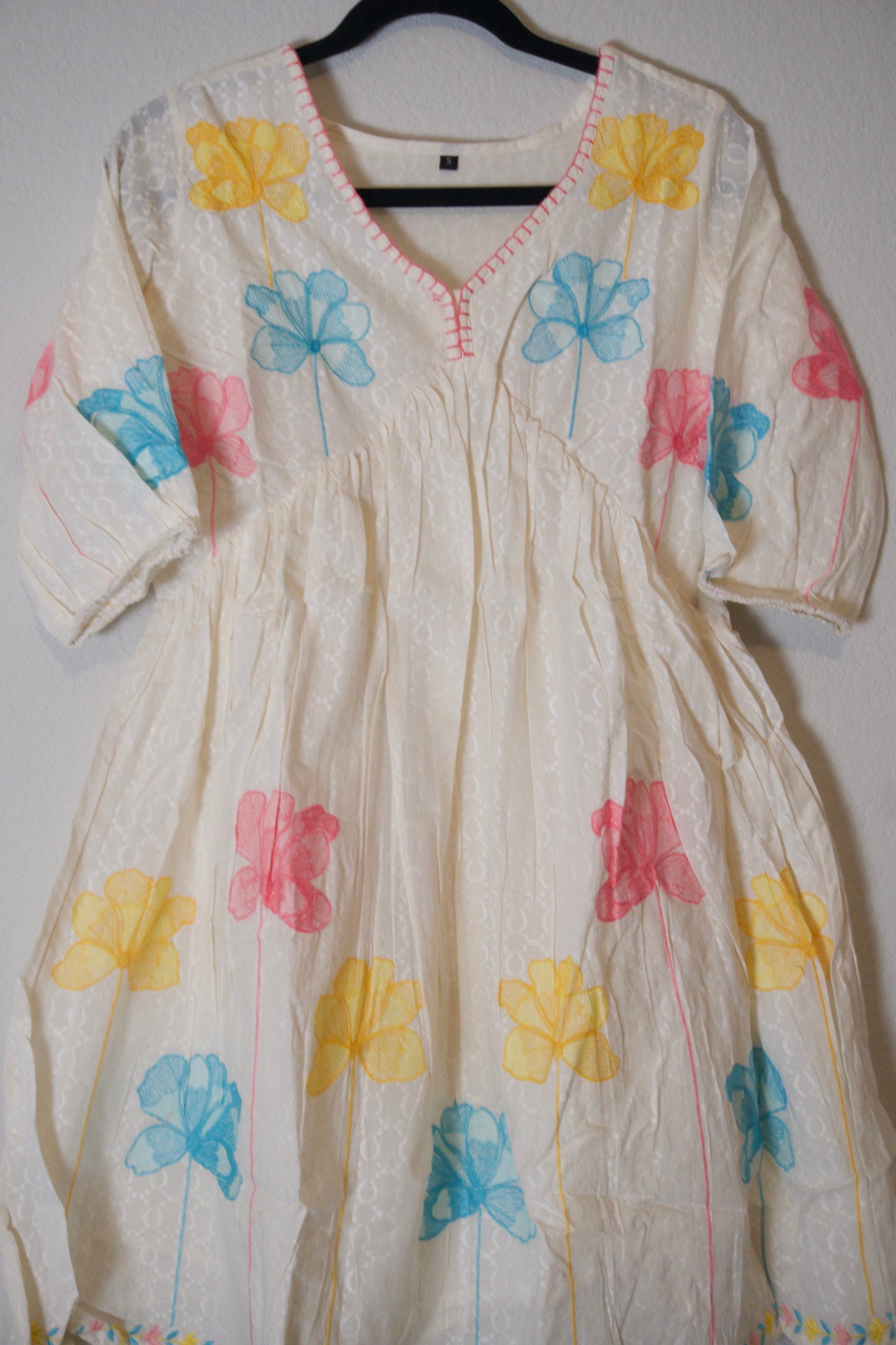 White blue yellow cotton embroidery short dress