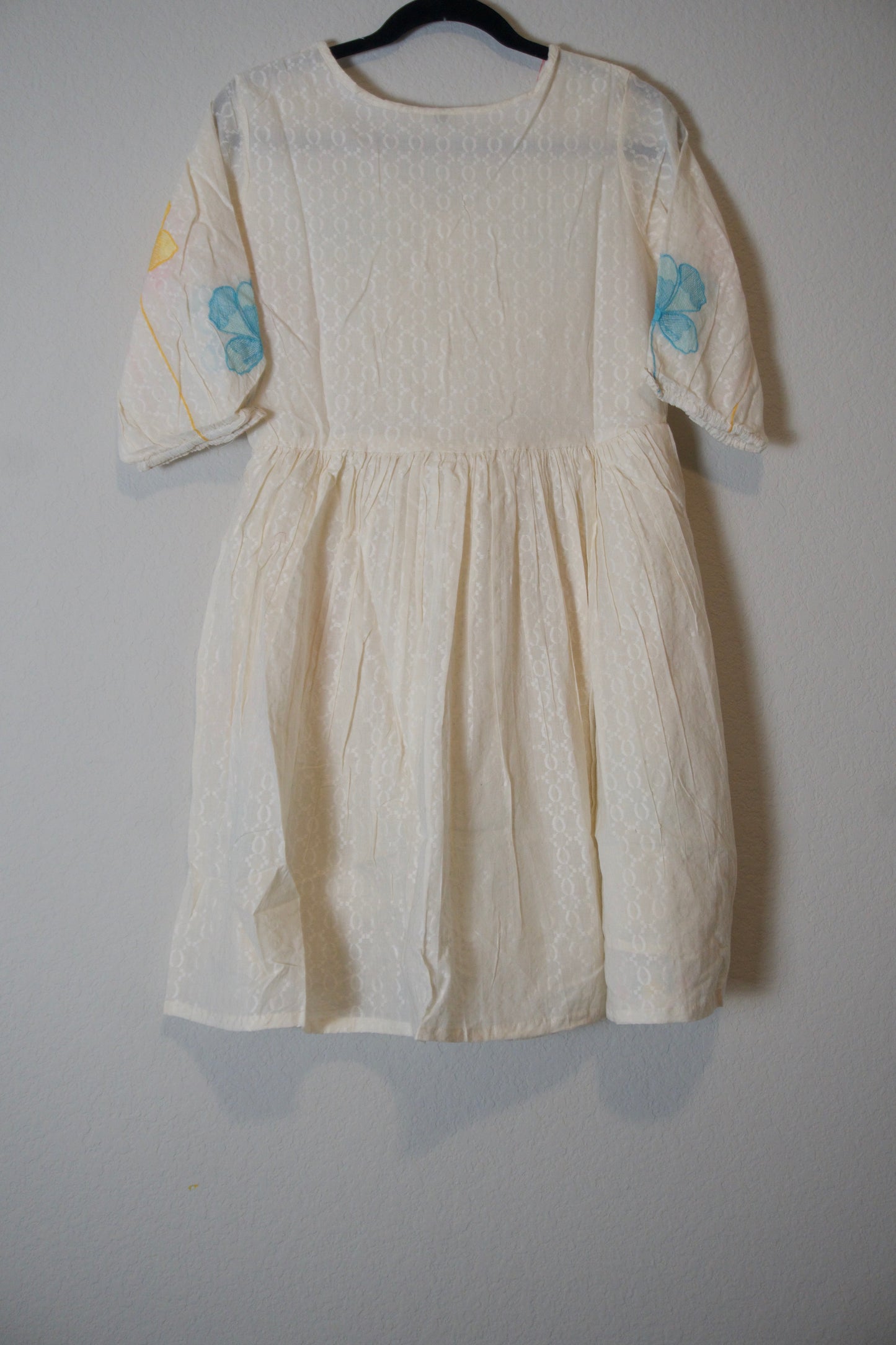 White blue yellow cotton embroidery short dress