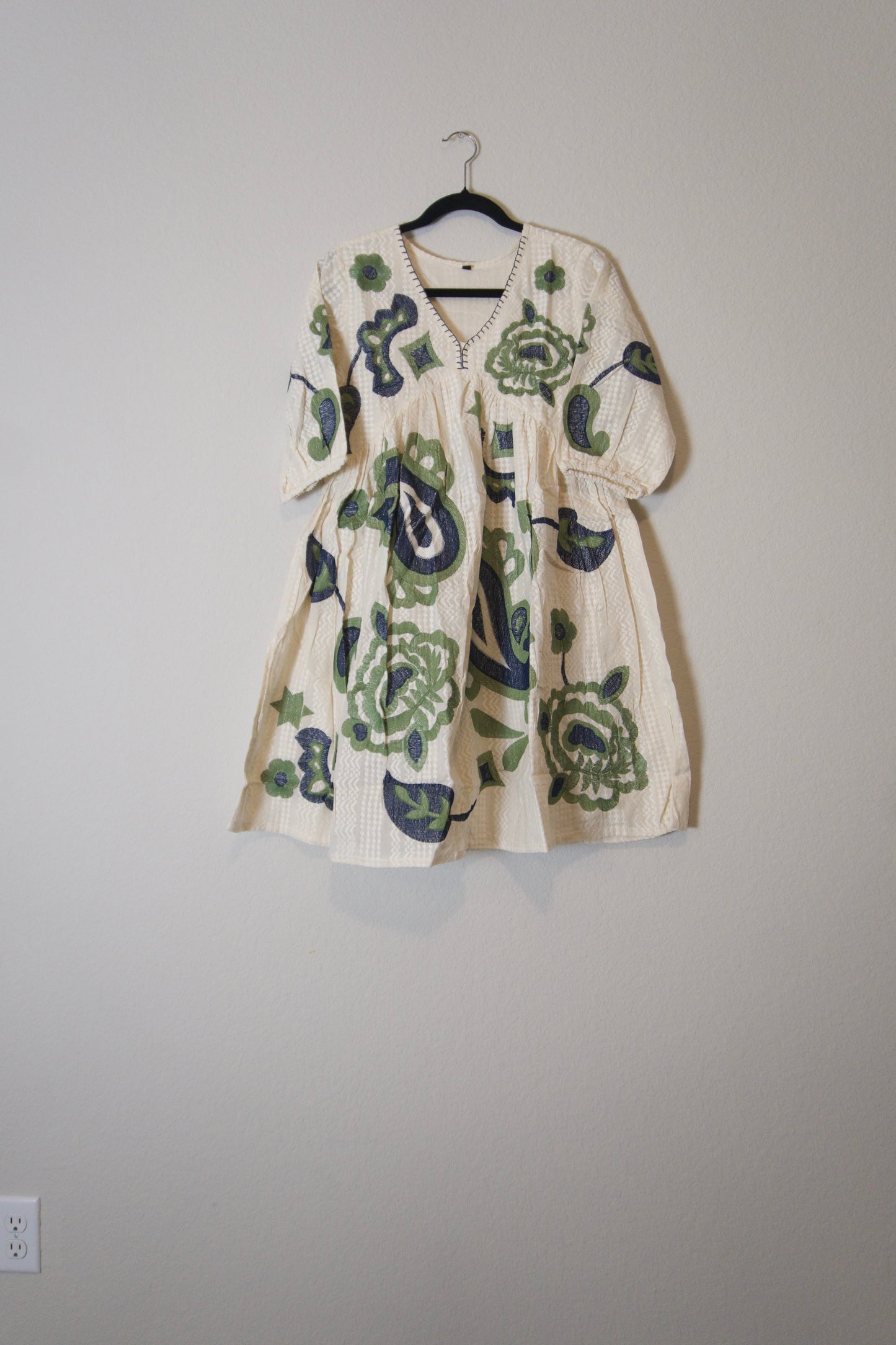 White blue green cotton embroidery short dress