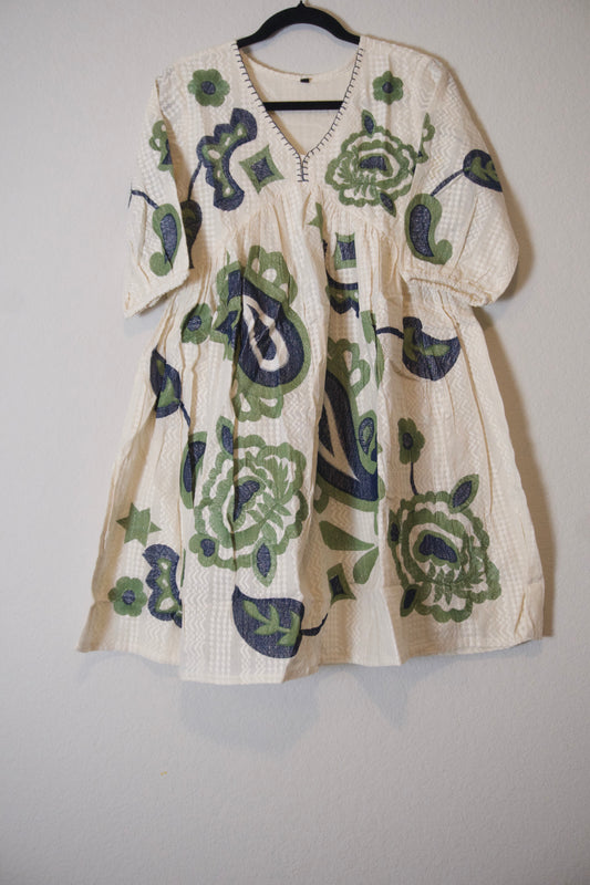 White blue green cotton embroidery short dress