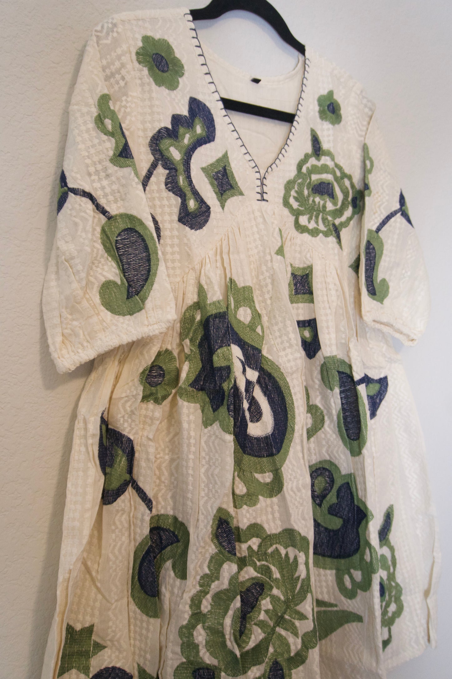 White blue green cotton embroidery short dress
