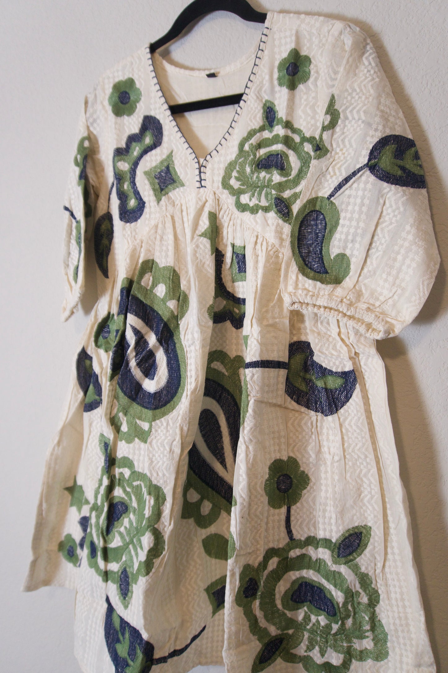 White blue green cotton embroidery short dress