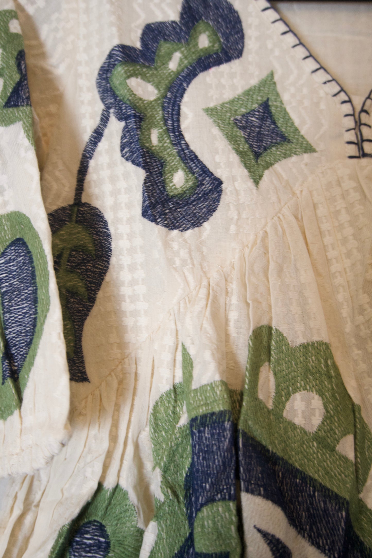 White blue green cotton embroidery short dress
