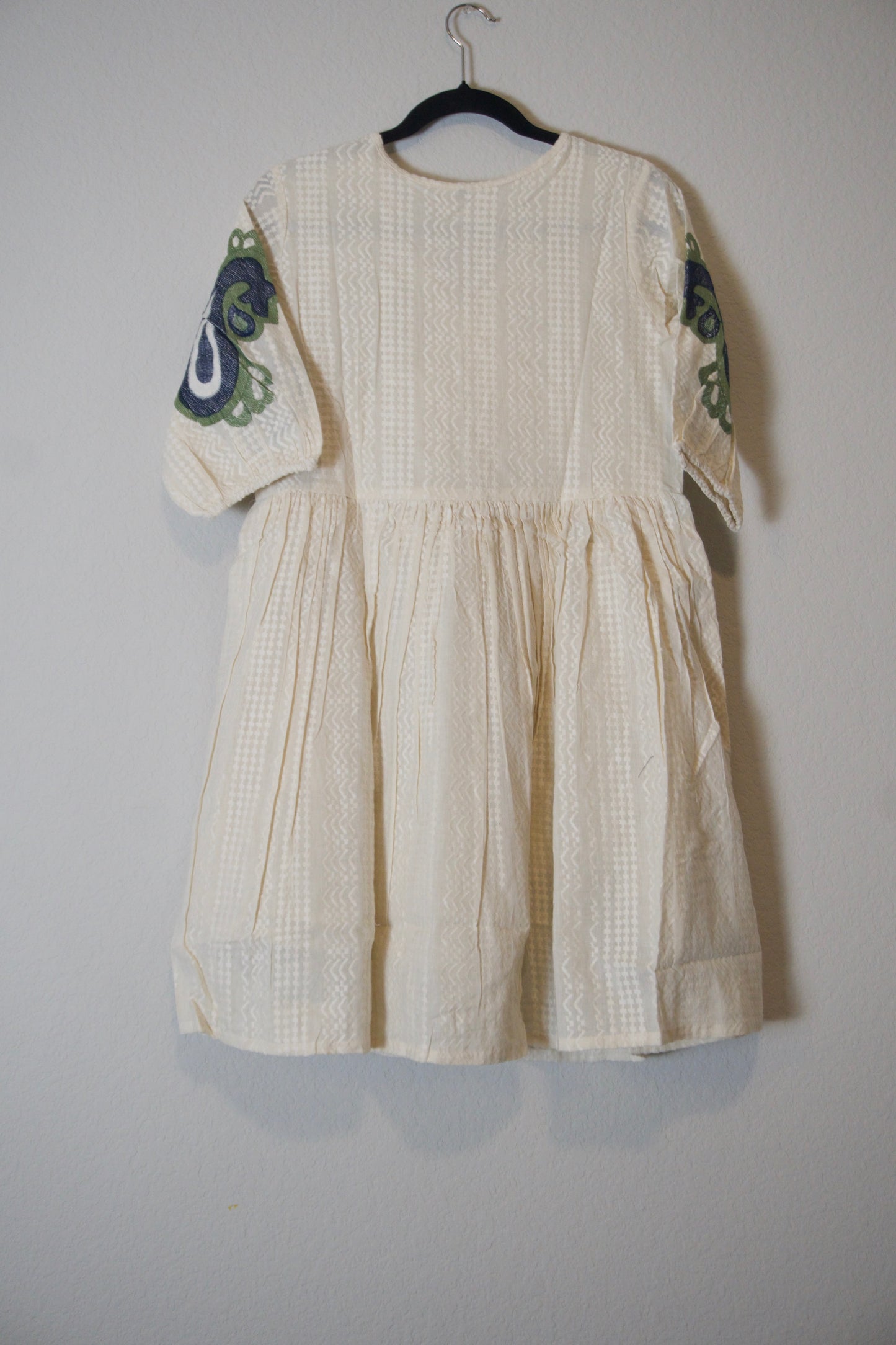 White blue green cotton embroidery short dress