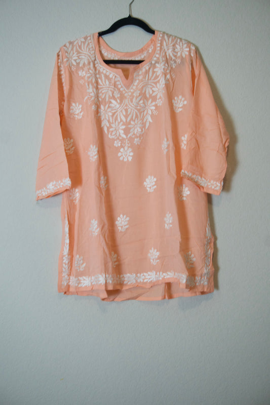 Peach Muslin Chikankari Short Kurti