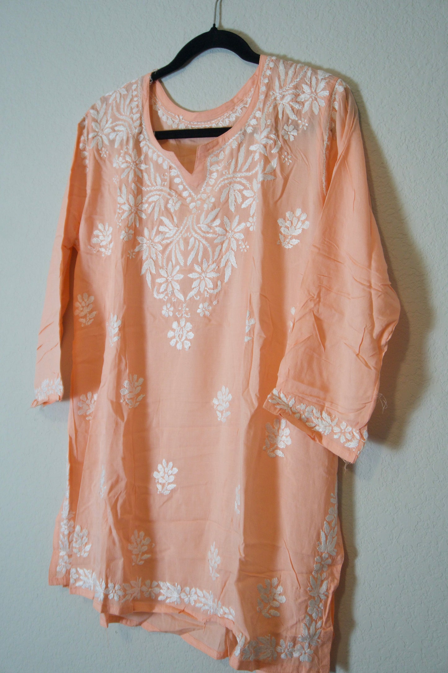Peach Muslin Chikankari Short Kurti