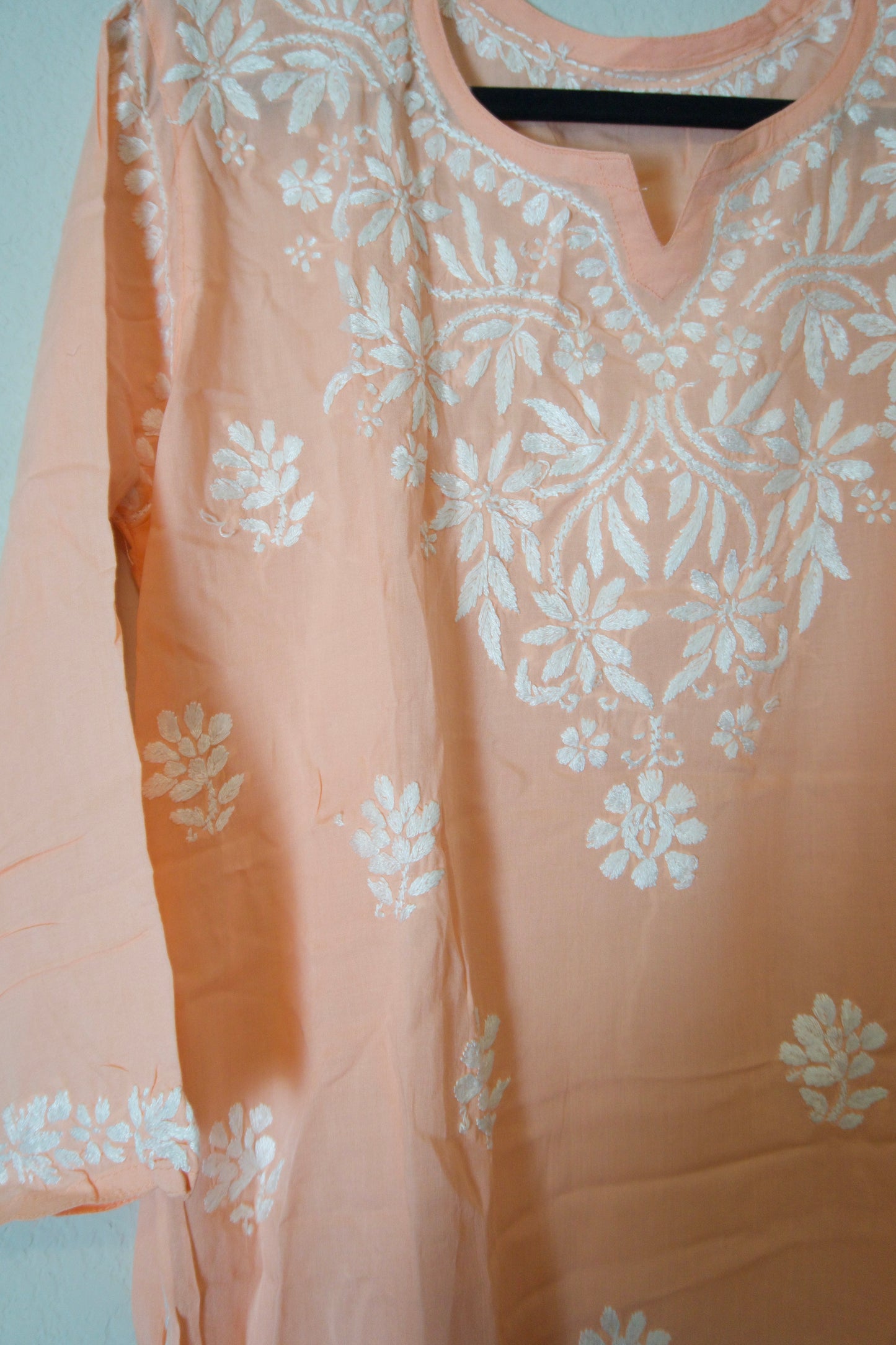 Peach Muslin Chikankari Short Kurti