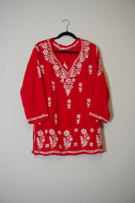 Red Muslin Chikankari Short Kurti