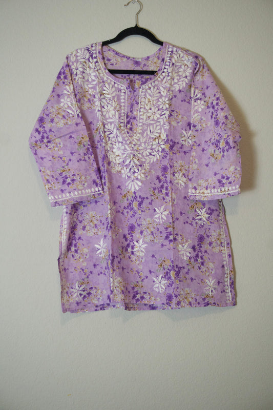 Lavendar floral cotton chikankari short kurti