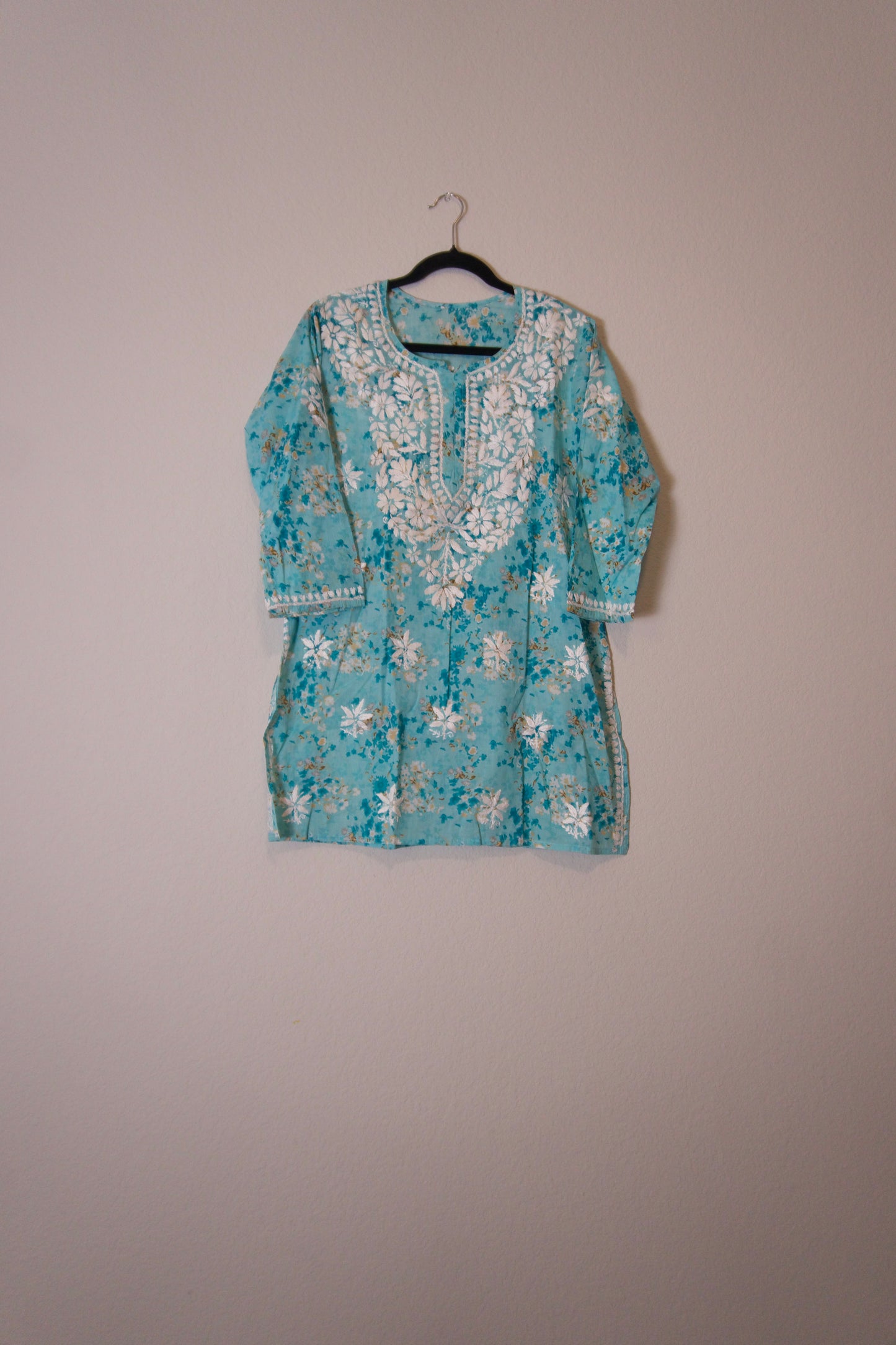 Green floral cotton chikankari short kurti