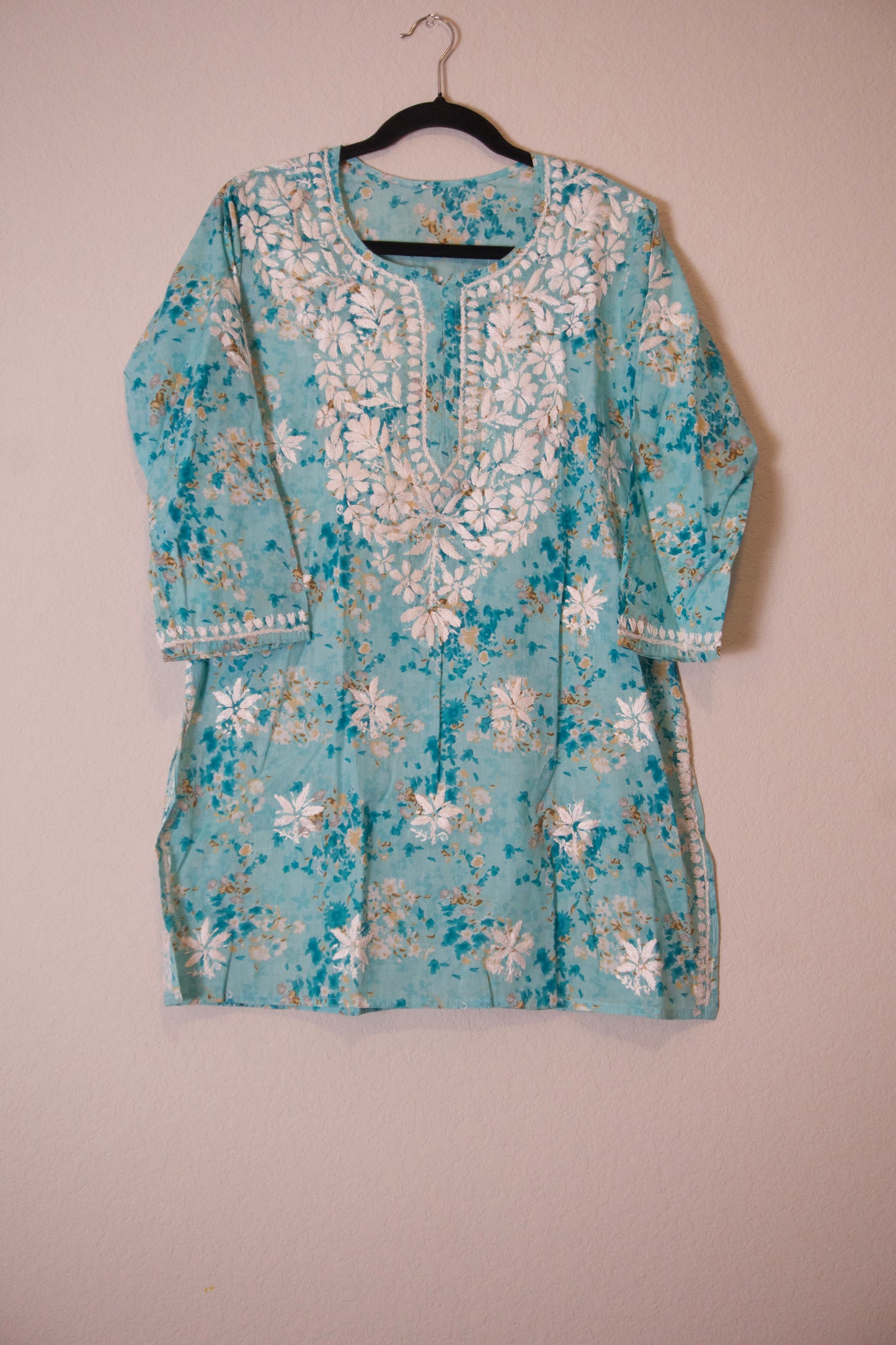 Green floral cotton chikankari short kurti