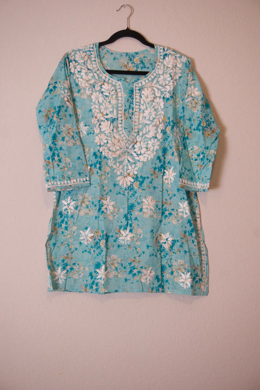 Green floral cotton chikankari short kurti