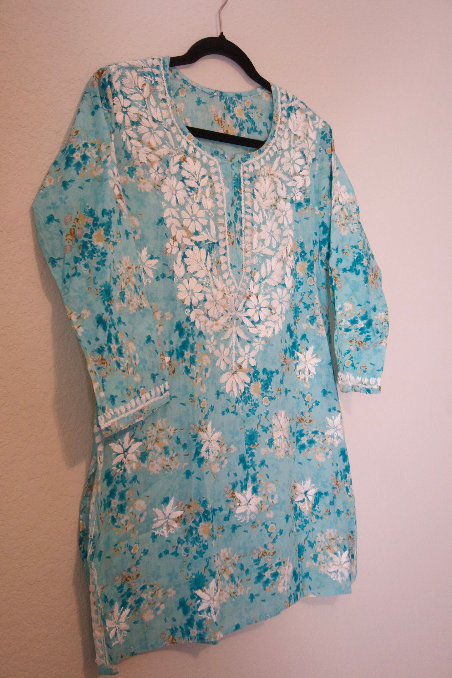 Green floral cotton chikankari short kurti