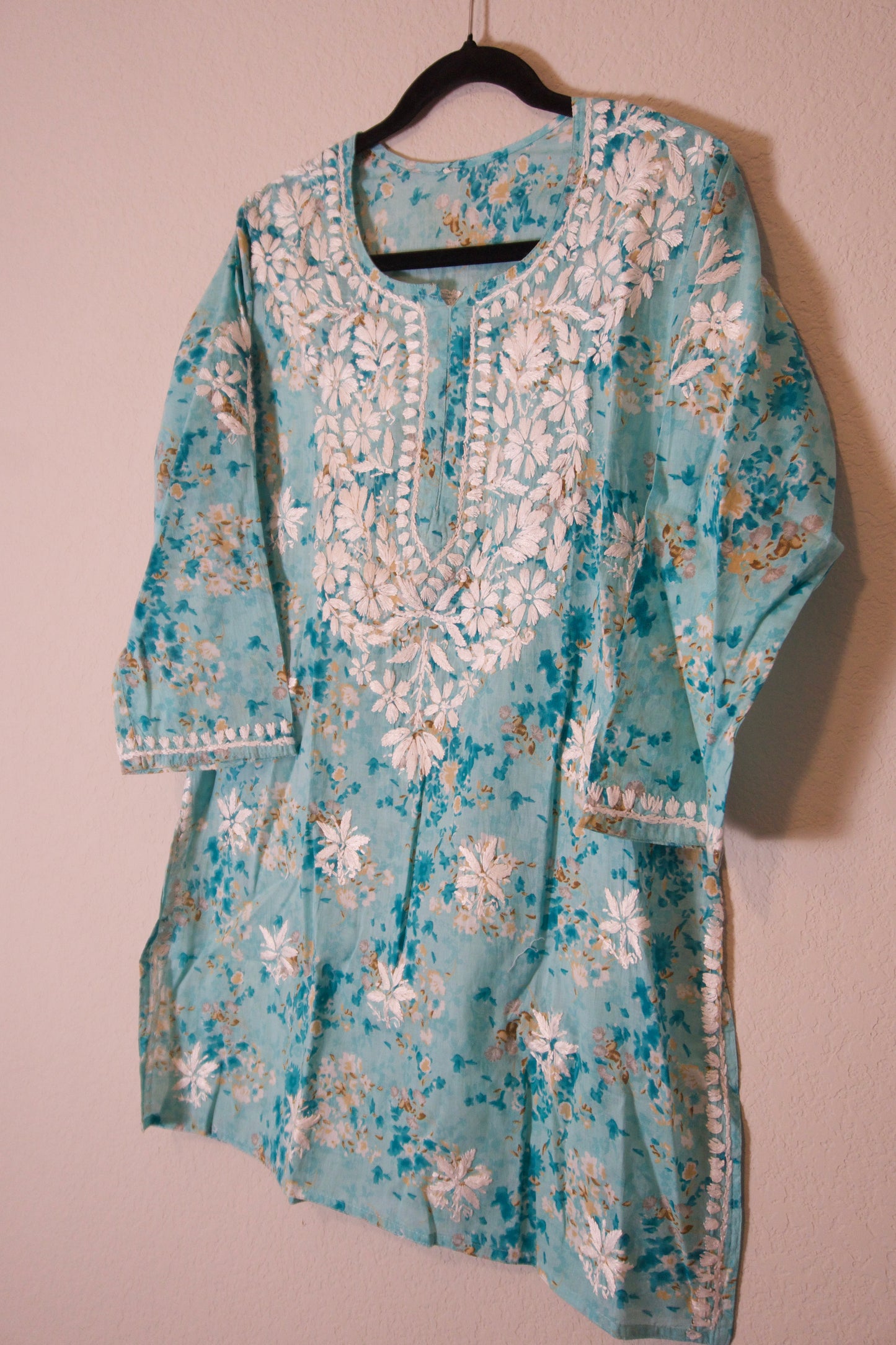 Green floral cotton chikankari short kurti