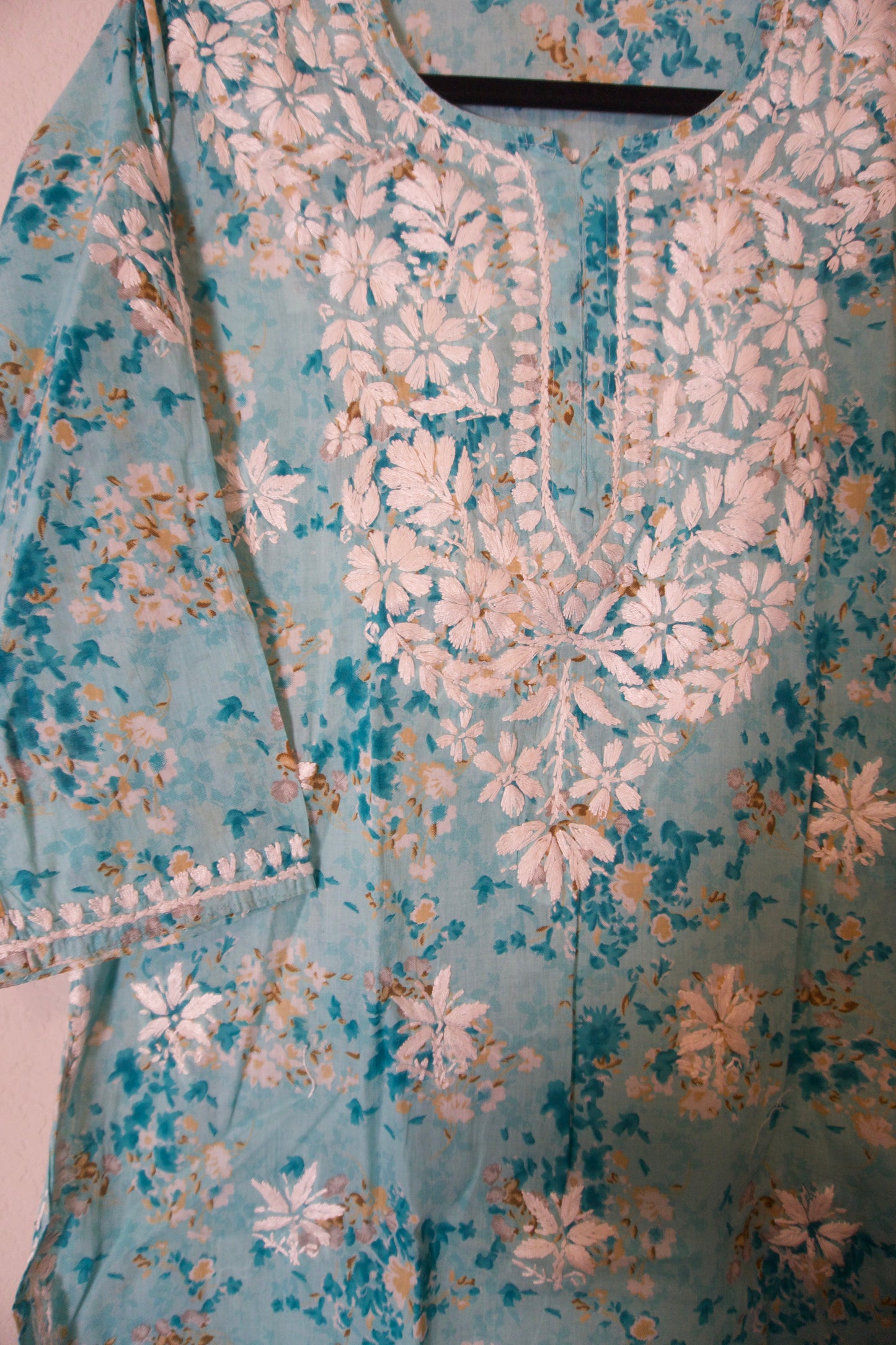 Green floral cotton chikankari short kurti