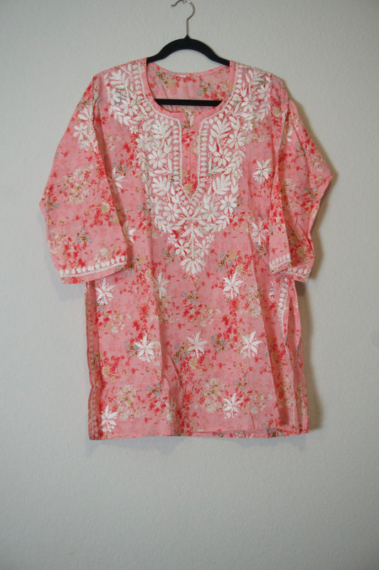Peach Red floral cotton chikankari short kurti