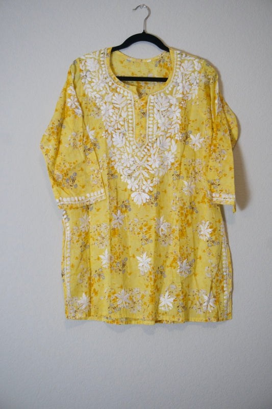 Yellow floral cotton chikankari short kurti