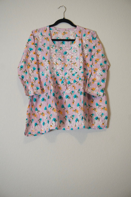 Lavendar floral frock style cotton chikankari short kurti