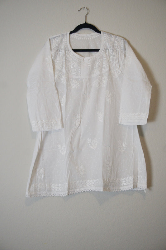White dolby cotton chikankari short kurti
