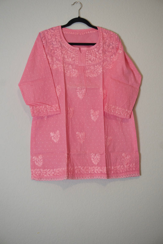 Pink dolby cotton chikankari short kurti